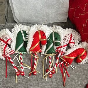 6 Vintage Wood/Stuffed Fabric Stick Horses Christmas Tree Ornaments